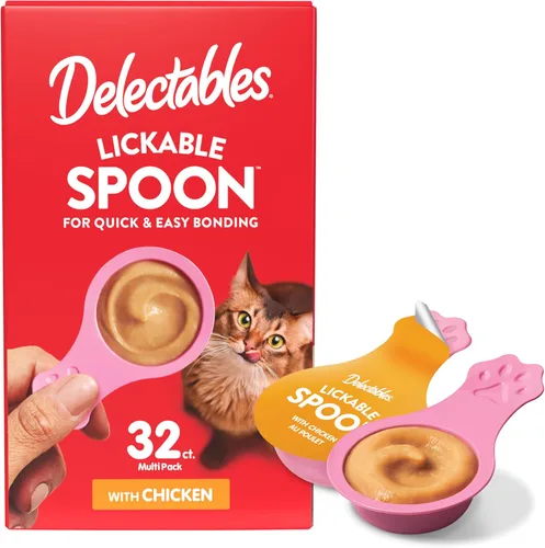 Miniatura 11 de Delectables Golosinas para lamer con cuchara de mano para gatos hechas con pollo y salmón reales, puré cremoso rápido y fácil, sin desorden, sin