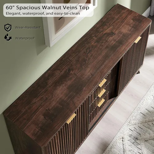 Miniatura 6 de T4TREAM Gabinete de buffet acanalado, aparador moderno de 60 pulgadas con puertas corredizas y 4 cajones, mesa de bar de café con almacenamiento