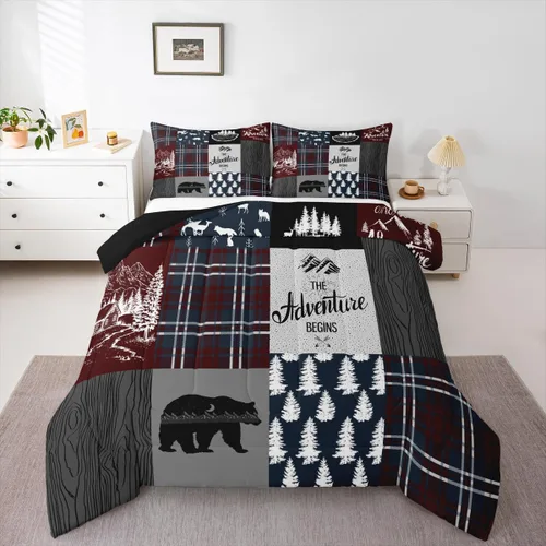 Miniatura 236 de Juego de edredón de oso y ciervo, tamaño individual, ropa de cama de animales salvajes de caza, colcha rústica de cabaña, casa de campo, cuadros