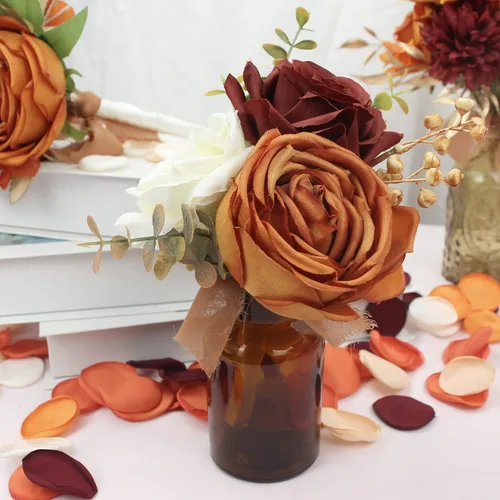 Miniatura 7 de Rinlong 6 centros de mesa de flores surtidos para bodas, mesas de otoño, centro de mesa, ramos de dama de honor de color naranja quemado, estante