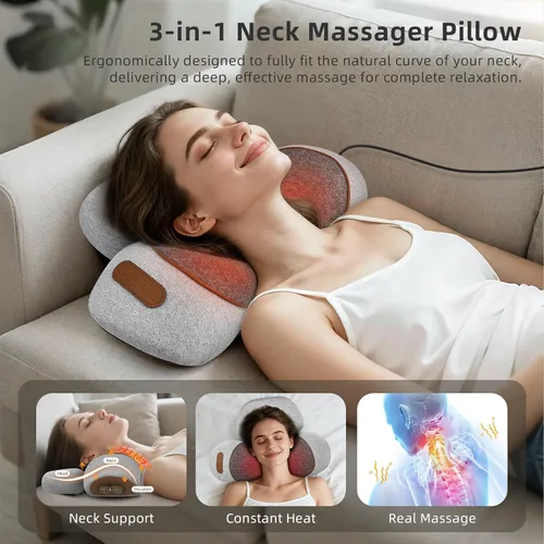 Miniatura 3 de Almohada masajeadora de cuello 3 en 1 con calor y tracción, dispositivo de tracción cervical de tejido profundo para corrector de joroba de cuello