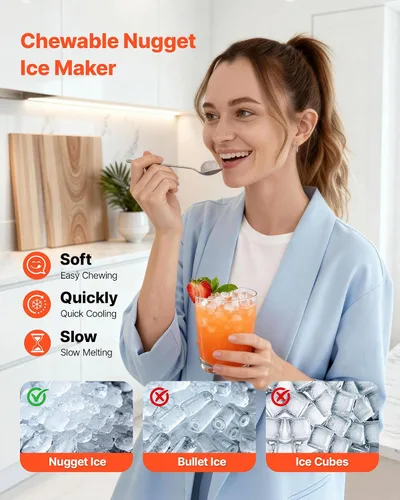 Miniatura 3 de VEVOR Máquina de hielo para encimera, 44 libras por día, máquina portátil autolimpiante con cuchara, máquina de hielo de pepita con hielo masticable