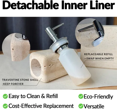 Miniatura 7 de Dispensador de jabón de travertino, accesorios de baño, dispensador de loción de piedra cuadrada orgánica natural prémium con bomba de metal