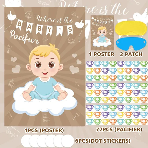 Miniatura 7 de Hxezoc Pin de juego para baby shower, con 72 calcomanías para chupete, póster grande de juegos de fiesta de bebé para niños, baby shower