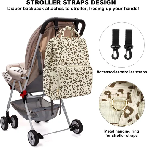Miniatura 6 de Pañalera de pana para bebés, niñas y niños, bolsas grandes para pañales para mamá (leopardo de pana beige)