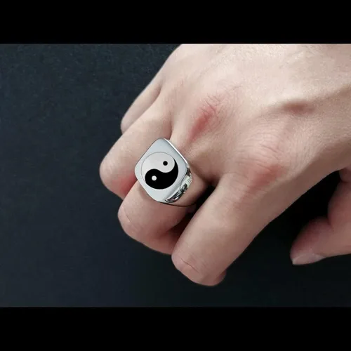 Miniatura 4 de Anillo de banda de Tai Chi Yin Yang de acero inoxidable Ba Gua Equilibrio Taoísmo Zen Spirit Talismán, Sello de religión, Banda gruesa