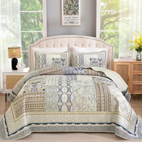 Miniatura 19 de WONGS BEDDING Juego de edredón bohemio tamaño matrimonial, juego de colcha de retazos beige de 3 piezas, juego de ropa de cama de microfibra suave