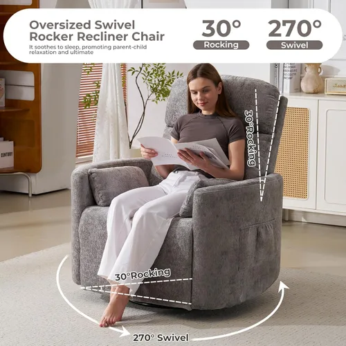 Miniatura 4 de Sillón reclinable mecedor giratorio de gran tamaño con masaje y calor, sillón reclinable giratorio para guardería con reposacabezas ajustable, silla
