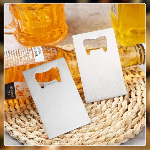 Miniatura 7 de Nuogo 100 abrebotellas de tarjetas de acero inoxidable, abrebotellas de metal a granel, abrelatas de cerveza para padrinos de boda, abrebotellas