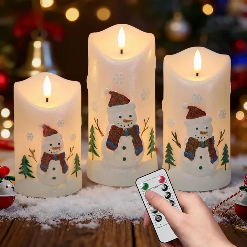 Miniatura 16 de Velas de muñeco de nieve de vidrio sin llama con pilas, control remoto y temporizador, cera real, LED, parpadeantes, pilar de velas blancas, luz