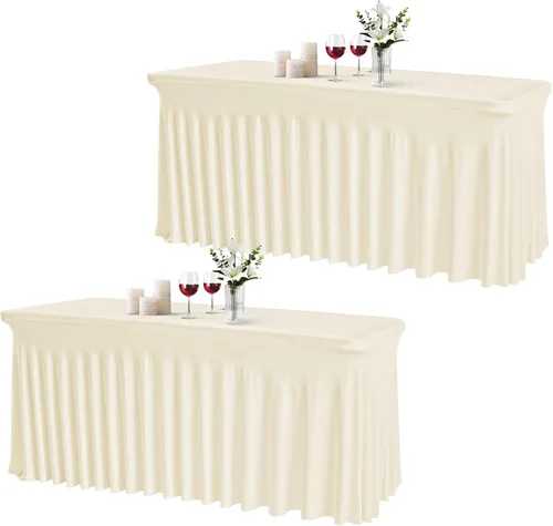 Miniatura 22 de JCJ Faldón de mesa para mesas rectangulares, manteles negros ajustados de spandex para mesas de 4 pies, faldones de mesa elásticos con volantes