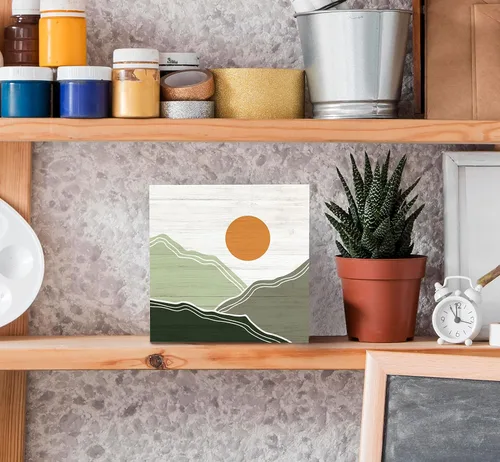 Miniatura 4 de SRADMO Caja abstracta de madera con diseño de montañas y sol bohemio, decoración de escritorio, paisaje de naturaleza bohemia, caja de bloques