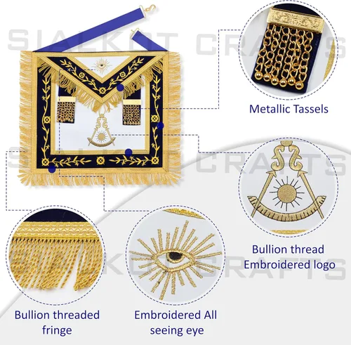 Miniatura 2 de SialkotCrafts Delantal Masónico Bordado Past Master Delantal Azul Real Con Franja Dorada