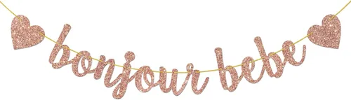 Cartel Bonjour Bebe con purpurina de oro rosa, decoración de fiesta de primer cumpleaños, cartel de bienvenida Oh Baby Shower Banderines