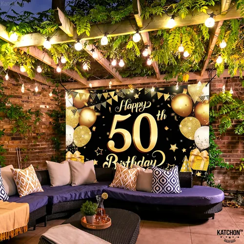 Miniatura 6 de KatchOn, Fondo de feliz cumpleaños 50, grande, 72 x 44 pulgadas, decoraciones de cumpleaños 50 negro y dorado Cartel de feliz cumpleaños 50