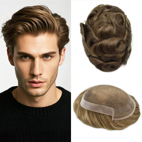 Miniatura 28 de Toupee Hair System For Men Real Human Hair Swiss Lace Mens Toupee Men Hair Replacement System Natural Hairline Mens Hairpieces 6X8"-80% light