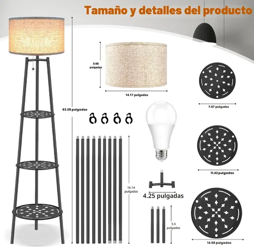 Miniatura 3 de Lámpara de Pie con Estantes, Lámpara de Pie Moderna con Bombillas LED de 3 Temperaturas de Color, Lámparas de Pie de Rincón para Sala de Estar