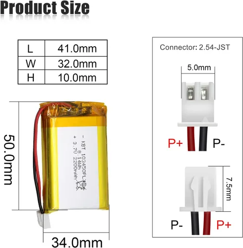 Miniatura 2 de Batería de polímero de litio KBT 3.7V 2200mAh: 103450 Baterías de repuesto de iones de litio recargables Lipo con conector JST