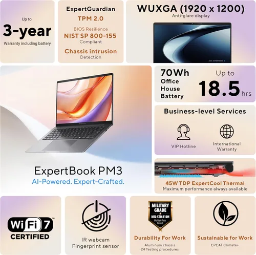 Miniatura 2 de ASUS ExpertBook PM3 - Laptop empresarial de 14 pulgadas, procesador AMD Ryzen AI7 350, 32 GB de RAM, SSD de 1 TB, WiFi 7, Windows 11 Pro, gris