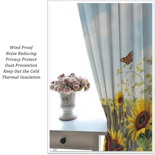 Miniatura 5 de Sunflower Curtains for Living Room Bedroom, Spring Nature Blue Sky and Butterfly Window Drapes, Rustic Wooden Fence Floral Botanical Decor, 2 Panels