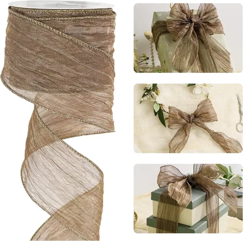 Miniatura 9 de HUIHUANG Cinta verde musgo con alambre de 2.5 pulgadas, seda arrugada verde con cinta de Navidad metálica dorada para suministros de corona, boda