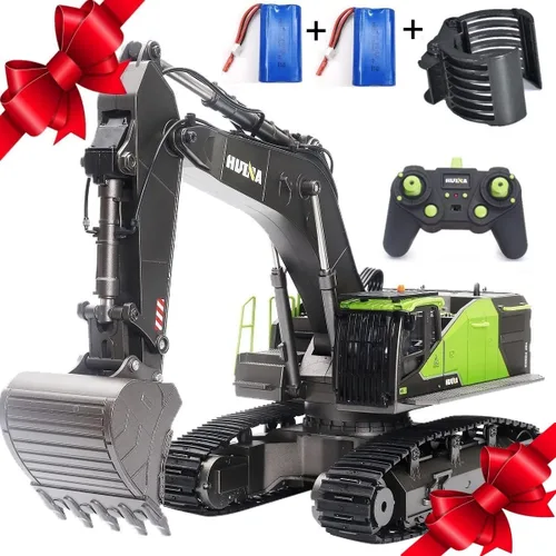 Excavadora RC para adultos Huina 1593 Totalmente funcional Juguete 1:14 28 canales Control remoto Camión Construcción Vehículo Cubo Metal Luces LED
