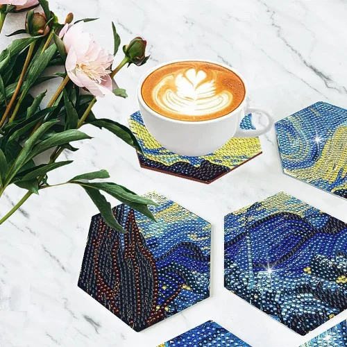 Miniatura 4 de Posavasos de arte de diamante Van Gogh Starry Night, 7 posavasos hexagonales con soporte, pequeños kits de pintura de diamantes para adultos