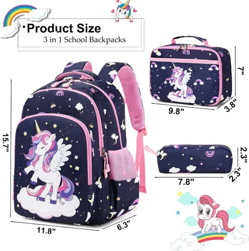 Miniatura 25 de Juego de mochila para niñas con diseño de unicornio, mochila escolar para niños, mochila para libros para niñas, set 3 en 1, regreso a clases