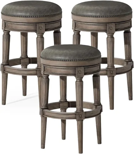 Miniatura 35 de Maven Lane Pullman Taburete de Bar de Madera Giratorio 180 Grados sin Respaldo de 30" de Altura con Ribete de Tachuelas, Acabado Blanco Alabastro