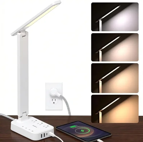 Miniatura 12 de Addtam Lámpara LED de escritorio, tira de alimentación con 3 tomas, 4 puertos de carga USB (2 USBC), 4 modos, lámpara táctil de 5 niveles de brillo