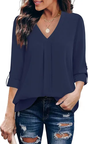 Miniatura 11 de Youtalia Blusas para mujer, elegantes, informales, de negocios, manga 3/4, de gasa, cuello en V, camisas de trabajo y oficina