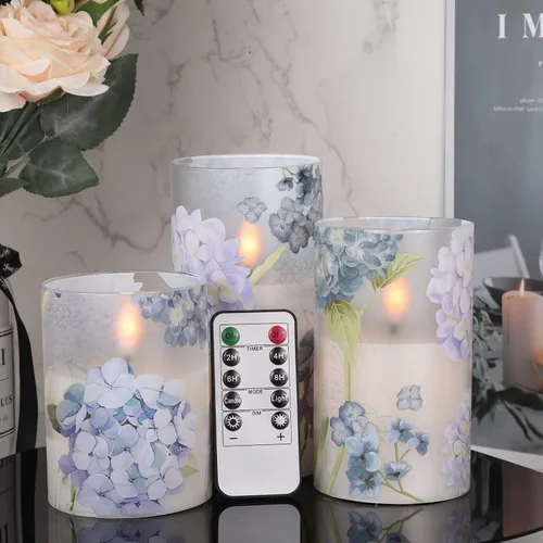Velas de Cristal de Hortensias Sin Llama con Temporizador Remoto Operadas con Batería Velas LED Parpadeantes de Pilar de Cera Real Decoración para
