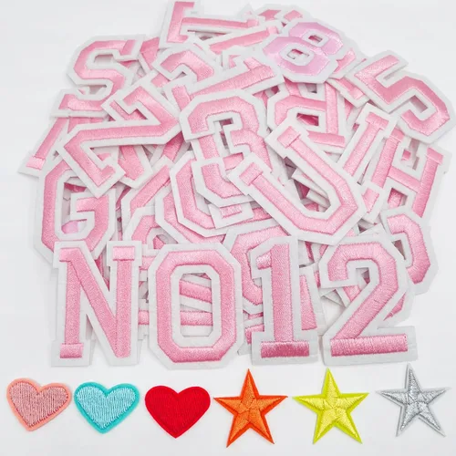 Miniatura 25 de Jongdari Parches para planchar con letras y números para ropa, parches de alfabeto bordado de 2" para chaqueta Letterman A-Z y apliques 0-9 para Rojo
