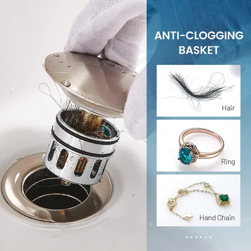 Miniatura 4 de Desagüe para fregadero de baño, drenaje emergente con tapón de cesta desmontable, colador de drenaje antiexplosión y antiobstrucción, conjunto