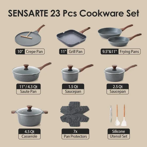 Miniatura 2 de SENSARTE Juego de utensilios de cocina antiadherentes de 23 piezas, ollas y sartenes antiadherentes con revestimiento de granito suizo, juego de Gris