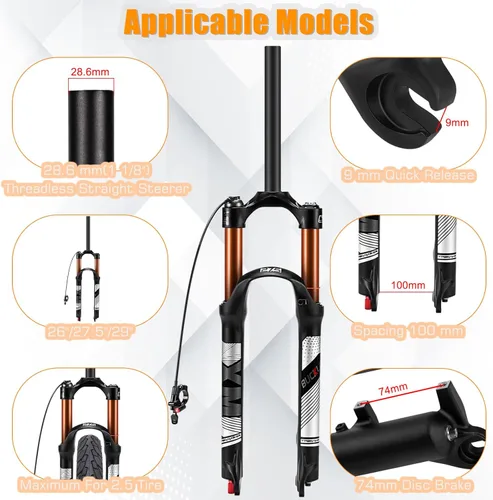 Miniatura 2 de BUCKLOS Horquilla MTB de Suspensión de Aire de 120mm para Viaje, 26/27.5/29, Ajuste de Rebote 1 1/8 Tubo Recto/Conico QR 9mm, Bloqueo Manual/Remoto