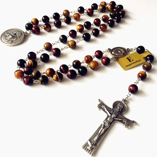 Miniatura 4 de elegantmedical Ojo de tigre hecho a mano 5 cuentas de rosario de cuentas de cruz de Italia Crucifijo collar caja para hombres y mujeres regalos