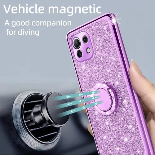 Miniatura 6 de Funda para Xiaomi Mi 11 Lite 4G/5G, cubierta protectora de TPU suave con cristal de purpurina con soporte de anillo 360, púrpura brillante Purpura
