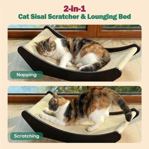 Miniatura 2 de Zakkart Hamaca rascador de sisal para gatos, rascador 2 en 1 para gatos y cama de descanso, tapete de sisal 100% natural, marco de madera maciza