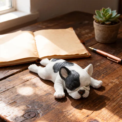 Miniatura 5 de Figura de bulldog francés durmiendo, estatua creativa de bulldog de resina, linda escultura de bulldog para decoración del hogar y la oficina