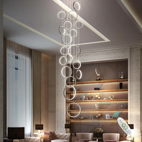 Miniatura 14 de Candelabro moderno para entrada para techos altos, lámpara moderna regulable dorada para escalera, de lujo, techo alto, lámpara colgante LED