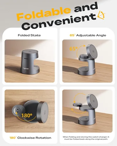 Miniatura 6 de Estación de carga 3 en 1 compatible con cargador MagSafe, cargador inalámbrico magnético Qi2.2 de 25 W con luz nocturna, soporte de carga plegable