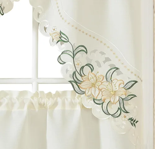 GOHD Fragancia de Lirio. Juego de 3 piezas de cortinas de cocina y café con bordado multicolor, set de festones y volantes con detalles recortados.
