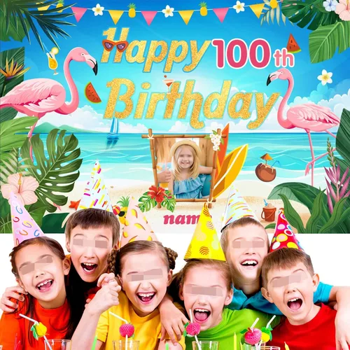 Miniatura 5 de Cartel de decoración de feliz cumpleaños número 100 personalizable con flamencos, playa, trópicos, Hawái y tema de verano, tamaños grandes