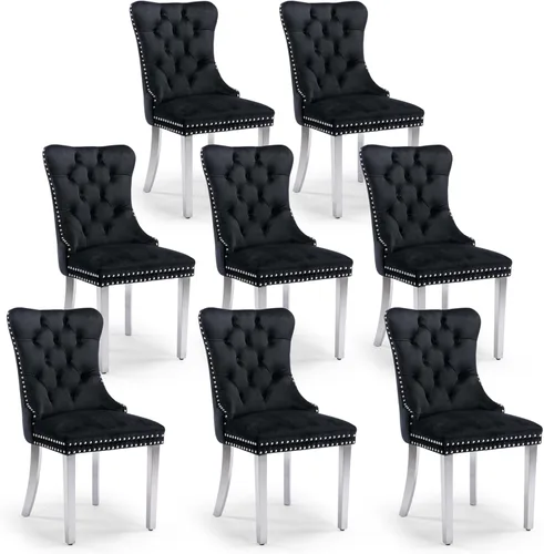 Miniatura 30 de Juego de 4 sillas de comedor de terciopelo, sillas de comedor tapizadas con ribete de cabeza de clavo y patas de madera maciza para cocina
