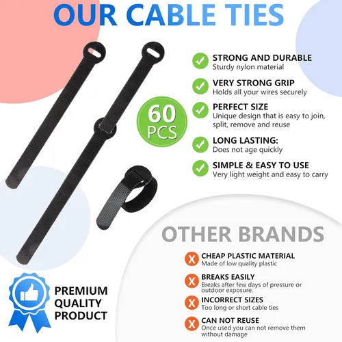Miniatura 3 de 60 Sujetadores para Gestión de Cables, Envolturas para Cables Negras de 6 Pulgadas, Sujetadores Reutilizables para Cables Ordenados, PC, TV