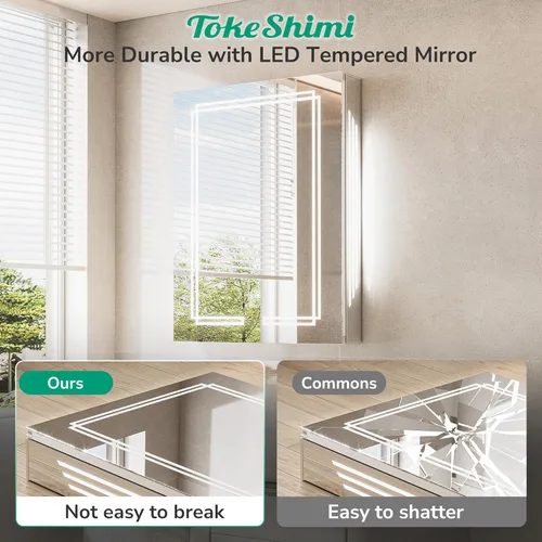 Miniatura 6 de TokeShimi Botiquín con Espejo Iluminado de 20 x 31.9 pulgadas, Espejo LED de Baño Templado Antivaho con Almacenamiento, Atenuación Continua de 3