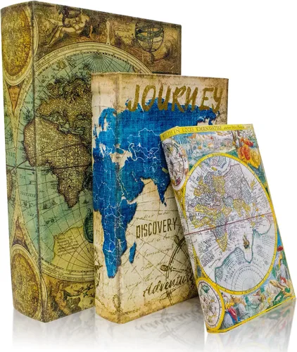 Miniatura 3 de Juego de 3 Cajas Decorativas para Libros, Cajas de Recuerdo y Baratijas con Patrón de Mapa del Mundo Antiguo, Regalo de Graduación Juego de 3