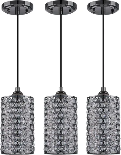Miniatura 8 de Paquete de 2 lámparas colgantes de cristal para isla de cocina, moderna y concisa, acabado negro con pantalla de metal de placa de cristal para bar