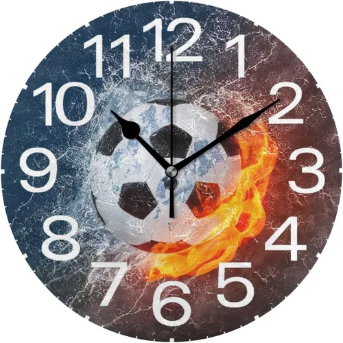 Kigai Reloj de pared de balón de fútbol en fuego y agua, silencioso sin tictac, 10 pulgadas, funciona con pilas, relojes de pared redondos para